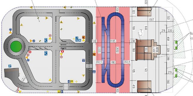 Projekt urządzenia skateparku (z prawej), toru rowerowego typu pumptruck  (w środku na różowo) i miasteczka rowerowego do nauki jazdy (z lewej)  