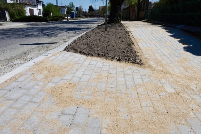 W wielu miejscach na ul. Brzegowej pomiędzy jezdnią a chodnikiem z betonowych puzzli pozostawiono wysepki wypełnione ziemią, które obsiane zostaną trawą