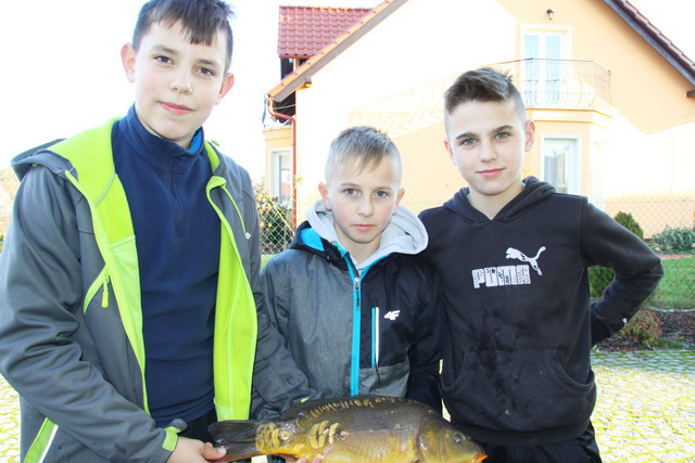 Szymon (po środku), Norbert (z prawej) i Karol znaleźli w stawie koło Strużyny trzykilowego karpia. Gimnazjaliści zareagowali w tej sytuacji bardzo dojrzale. Postanowili rybę wypuścić, a sieć spalić